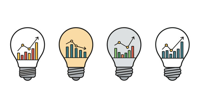 Set of Light Bulb Icons with Business Data Charts and Infographic Elements Representing Creative Strategy, Financial Growth, and Data Analysis