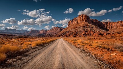 Fototapeta premium Expansive Majestic Desert Landscape with Winding Dirt Road and Red Rock Canyon Mountains Scenery