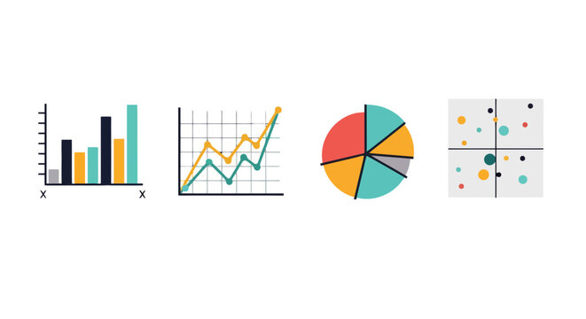 Set of Hand-Drawn Data Visualization Icons with Bar Chart, Line Graph, Pie Chart, and Scatter Plot