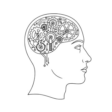Vector illustration of human head with mechanical brain gears
