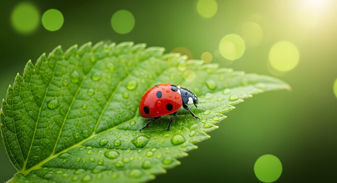 Macro shot of a ladybug resting on dew-covered green leaves symbolizing Earth Day