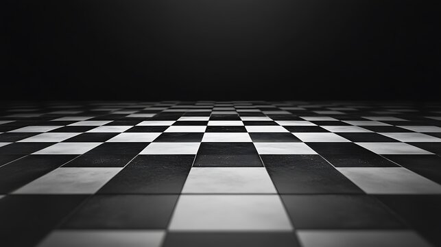 A black and white checkered floor leads to a dark background