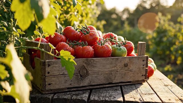Fresh Organic Tomatoes in Wooden Crate on Rustic Farm Table at Sunrise