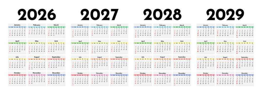 Set of calendars for 2026, 2027, 2028 and 2029 on a white background