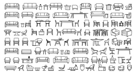 Obraz premium diverse collection of detailed line drawing furniture icons for interior design and architectural plans