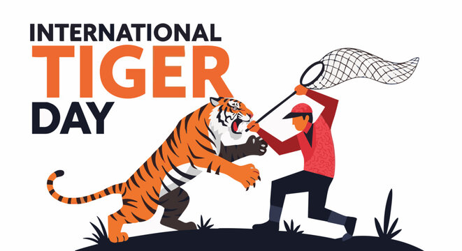Tiger conservation awareness poster in flat illustration style with bold vibrant colors in horizontal format for World Tiger Day