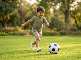 Obraz premium young indian boy running with football on green grass field smiling energetically representing active childhood outdoor play and sports lifestyle concept