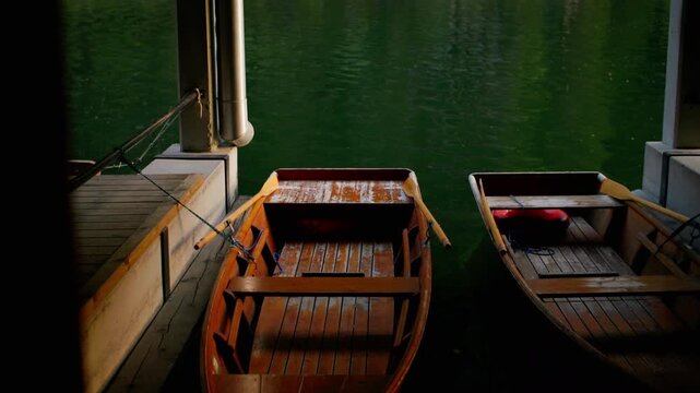 Piburg Lake in the Austrian Alps of Tyrol. Boats moored to the pier in a beautiful nature landscape.