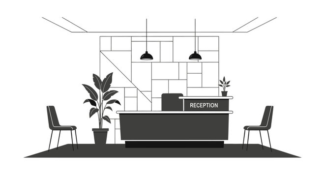 Modern office reception desk illustration in black and white style.