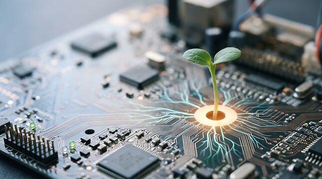 Fresh green plant sprouting from luminous hole in motherboard symbolizing integration of organic life and advanced digital technology