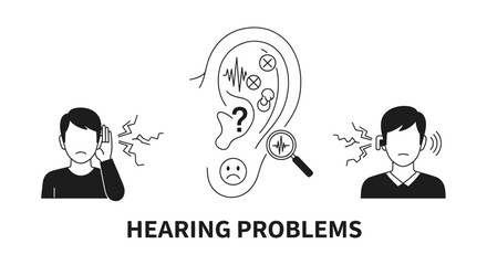 Hearing problems and tinnitus concept illustration with ear anatomy and symptoms. © masss
