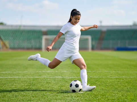 indian female soccer player in white kit performing kick on clean football field representing athletic performance fitness and active lifestyle concept