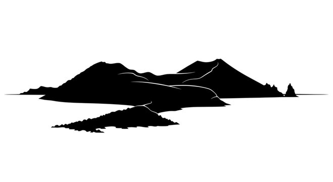 Black silhouette of mountain range and coastal island vector