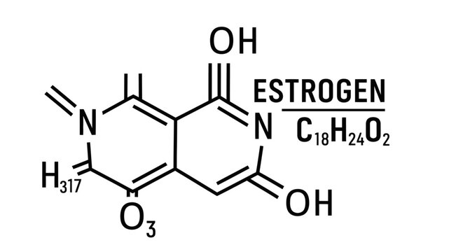 Estrogen chemical formula and molecular structure illustration.