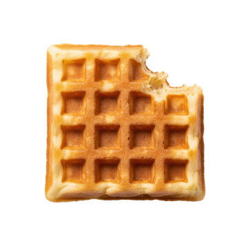 Golden Belgian Waffle with a Bite Missing Isolated on White Background