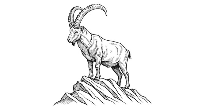 Majestic Ibex Animal Drawing Standing Proudly on Rugged Mountain Peak