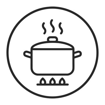 Minimalist Outline Cooking Pot on Stove Icon with Steam in Circle