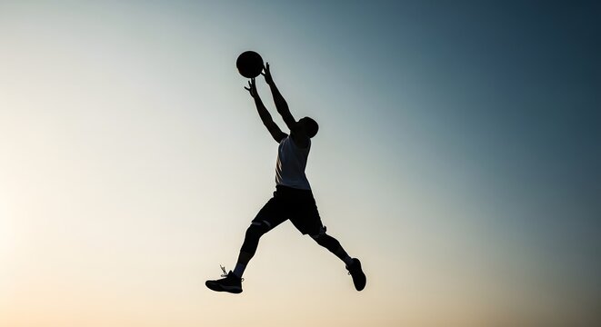 Basketball player jumping for a layup against clear sky. Athletic achievement and outdoor sports competition. Silhouette of a man shooting a ball with high jump action during sunset