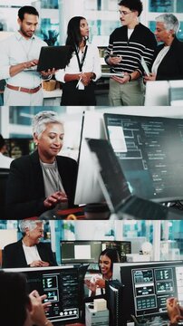 Coding, series and group with tech in office, smile and applause for software development on website. Screen, programming and people with laptop for IT assignment, team and clapping for achievement