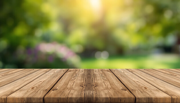 Empty Wooden Table with Sack Cloth over Blurred Garden Background &ndash; Outdoor Bokeh Mockup for Coffee Product Display