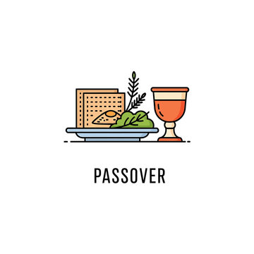 Passover Seder symbols with matzah wine cup and herbs vector