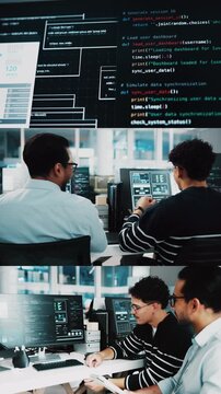 Fist bump, series and men with code in office, smile or celebration for software development on web. Computer screen, programming and people with laptop for IT assignment, achievement and teamwork