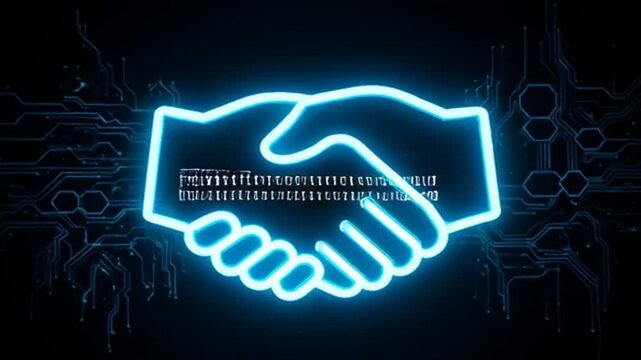 A glowing neon Blue color sign featuring a handshake against a dark background, symbolizing agreement and partnership.
