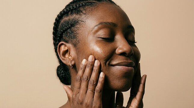 Young Black woman applying skincare product on her face with eyes
