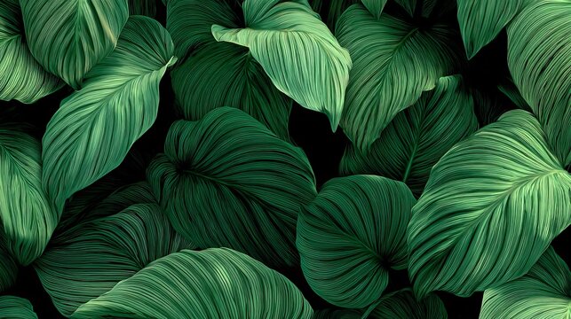 A close-up view of large green leaves with prominent veins on a dark background
