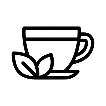 Minimalist Outline Tea Cup with Mint Leaves Refreshment Icon