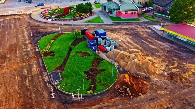 City center road construction project with building materials and pipes laying on ground