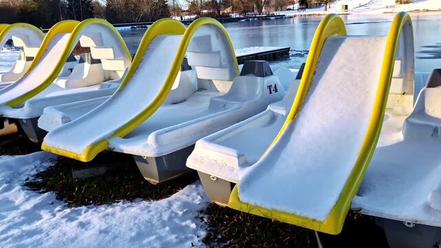 Pedal boats enduring winter on shore beside a frozen lake awaiting warmer days