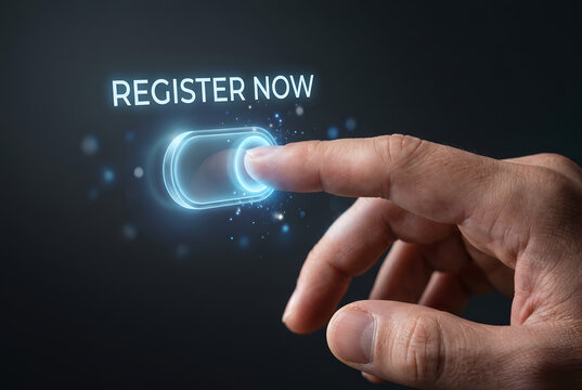 Close up of hand finger pressing register now button on dark futuristic screen with blue glow