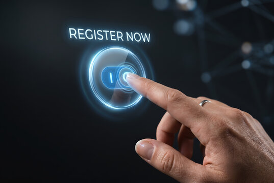 Finger pressing glowing blue button with text register now on dark futuristic background
