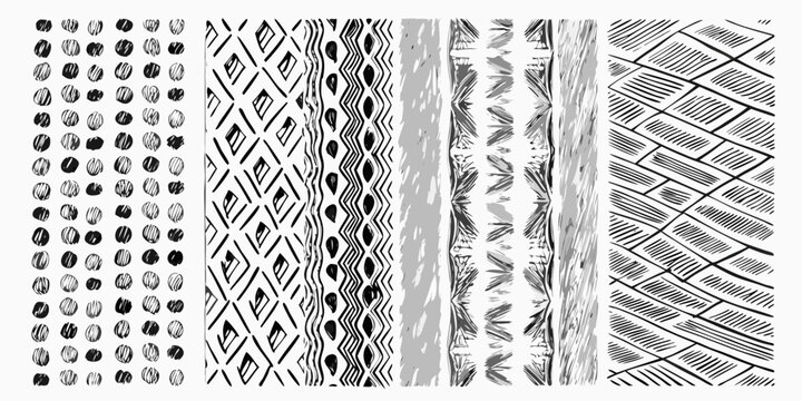 Abstract black and white patterns resembling tire tracks and textures