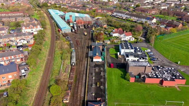 4K 60FPS aerial video of Whitehead Railway Museum in Whitehead, County Antrim, Northern Ireland in the UK. Produced with Rec709 color.