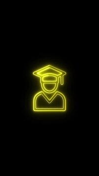 A neon-lit illustration of a graduate wearing a mask and cap on a black background