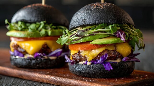Two black burgers with cheese, avocado, and lettuce on a wooden board