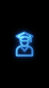 A blue neon graduation icon of a person wearing a cap