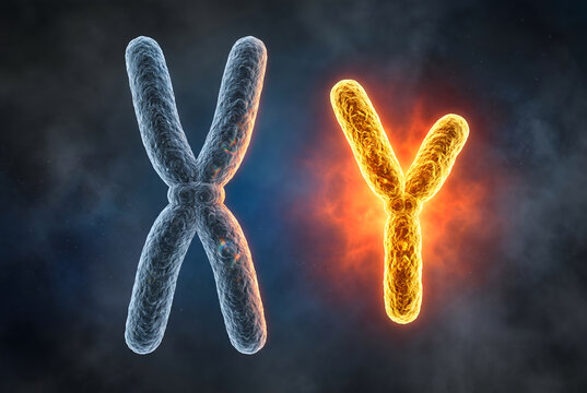 X and y chromosomes illuminated with vibrant orange and blue light symbolizing male and female genetic differences in science