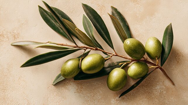 A branch of green olives with leaves on a beige background