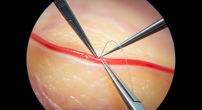 Microsurgical Suturing of Blood Vessel &ndash; Vascular Surgery Close Up Under Microscope