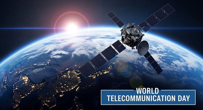 Satellite orbiting earth with 'world telecommunication day' celebration
