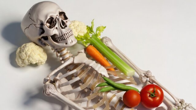 White skeleton holds vegetables