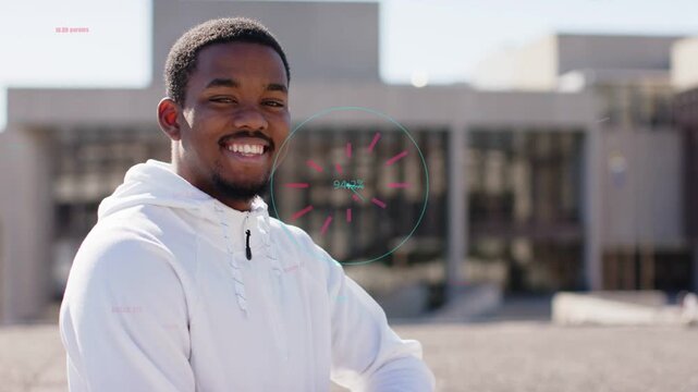 Man on rooftop shifting into laughter as camera rolling, HUD animating over chest for tech promo
