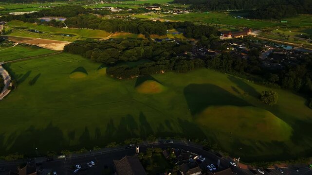 Aerial view of Daereungwon ancient tomb complex, summer evening in Gyeongju