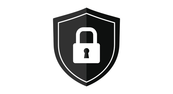 A black shield with a white padlock centered within representing security and protection silhouette high quality professional detailed modern elegant stylish