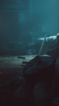 In a dimly lit, forsaken area, shadows linger as soft blue light breaks through. Dusty ground reveals remnants of a once vibrant life, now in serene silence.