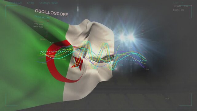 LIVE marker flashing starting Algerian flag waving, scope waves scrolling across flag for broadcast