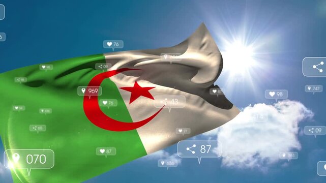 Lower-left Algerian flag unfurling and waving under breeze as overlays showing rising social counts
